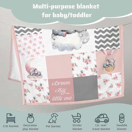 Image of HawSkgFub Pink Elephant Rose Floral Baby Blanket Girls Shower Gift, Dream Big Little One Flannel Fleece Nursery Bed Receiving Swaddle, Soft Lightweight Newborn Infant Toddler Kids Crib Bedding 30 x 40