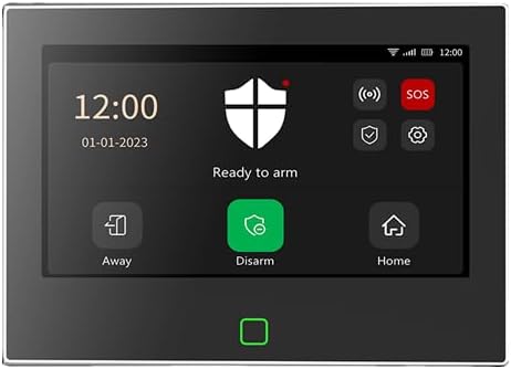 CPVAN CP10 Pro Home Alarm System touchscreen interface showing time, date, arming status, and control buttons.
