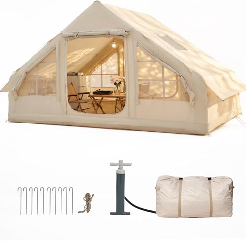 Aoxun Aufblasbares Zelt mit Pumpe für 4-8 Personen 300×210cm winterfestes Aufblasbares Campingzelt mit Ofenloch für 4 Jahreszeiten geräumiges Luftzelt für Glamping & Outdoor