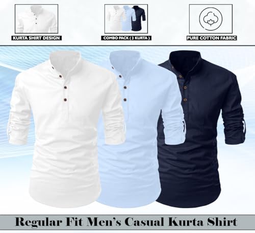 Image of FINIVO FASHION Combo of Men's Cotton Blend Solid Regular Fit Full Sleeve Straight Short Kurta Shirt, Casual and Formal Wear