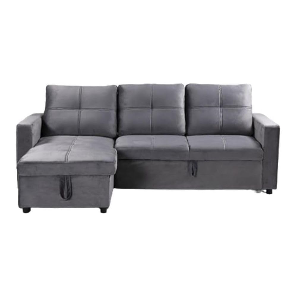 Sofá Cama Chaise Longue PAU, 215x135cm - Diseño Moderno, Almacenamiento - Color Gris Terciopelo