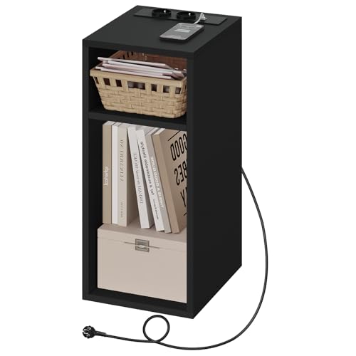 WOLTU Table de Chevet, Table d’appoint avec Station de Charge, 2 Compartiments Ouverts, 2 Ports USB+2 Prises, Noir, 25x30x60cm, NTS06sz