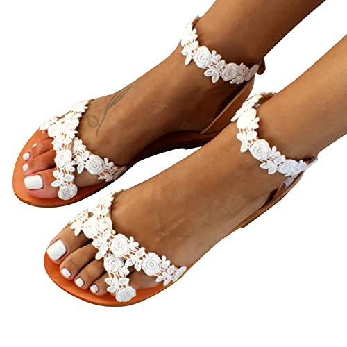 Zilosconcy Damen Sandalen Flach Riemchen Lace Spitze Sandals Zehentrenner...