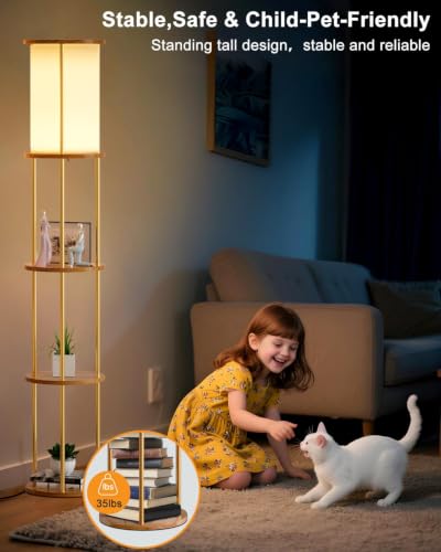 Image of Lightdot 61 inch Floor Lamp with Shelves, Modern Gold Bookshelf Corner 3000K | 3000K Floor Lamp Gold Bookshelf Corner with 3-Tier Solid Wood shelves, 9W A60 LED Bulb Include for Sofa Beside /Bedroom Decor