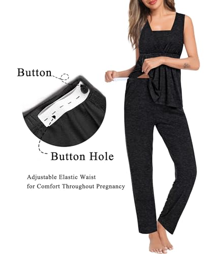 Image of SWOMOG Maternity Nursing Robe Set 3 Piece Breastfeeding Pajamas 3 in 1 Labor Delivery Sleevless Tops&Long Pants Pregnancy Pjs