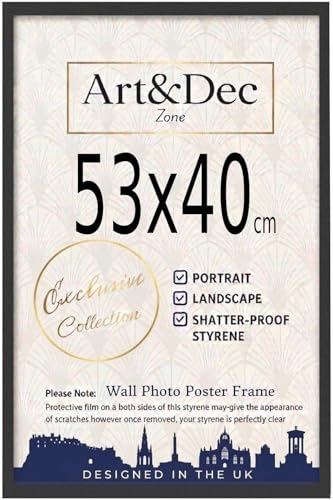 Image of Art & Dec Zone® Sleek Black MDF Picture Frame 53x40 cm Horizontal Durable MDF Poster Frame with Clear Acrylic Protection – Wall Display for Photos, Artwork & Prints