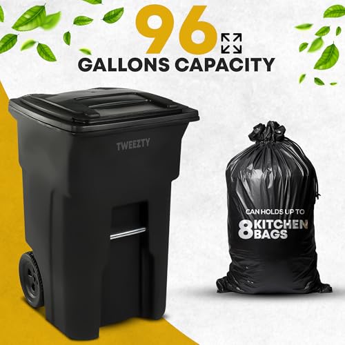 96 Gallon Heavy Duty Trash Can - Durable Plastic Garbage Bin with Lid and Wheels - Rugged Outdoor Waste Container for Residential, Commercial, Indoor, and Curbside Use