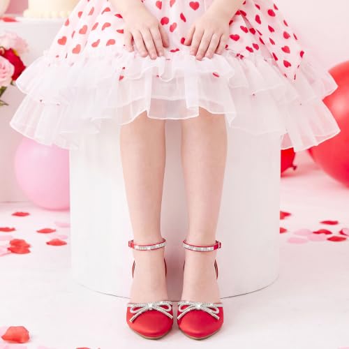 Image of LAURMOSA Girls Sandals Closed Toe High Heels Pointed Toe Ankle Strap Pumps Flower Girl Dressy Shoes in Wedding Party Cute Bowknot Chunky Block Heeled for Little Big Kids