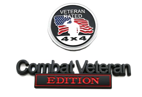 Image of 1x Combat Veteran Edition Emblem + 1x Veteran Rated 4X4 Emblem Metal Car Badge for Jeep, Universal Vehicle, Truck, RV, Scooter, SUV, Door Decoration (Black /Red)