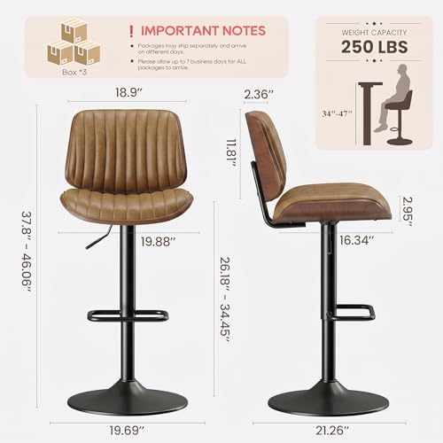 Image of MALOL Bar Stools Set of 6, Adjustable Counter Height Bar Chairs 26 inch-34.5 inch with Swivel & Footrest, Modern Faux Leather Barstools for Kitchen Island, Dining Room,Pub,Brown