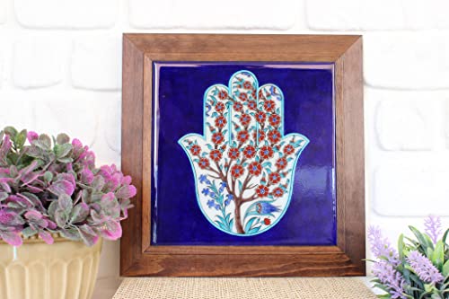 Iznik Decorative Tile, Handpainted Tile, Wooden Frame, Handpainted Iznik Tile, Ottoman Tile, Turkish Ceramic Tile, Wall Decor, 8In X 8In, The Hand With Tree Of Life Iznik Tile Of Ground Quartz #TOP2