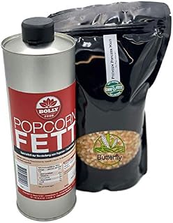Hopser Food Fun Juego de palomitas de maíz, aceite de palomitas de maíz graso 1 litro semilíquido con betacaroteno, palomitas de cine premium Amarillo 1 kg (Paquete de 1)