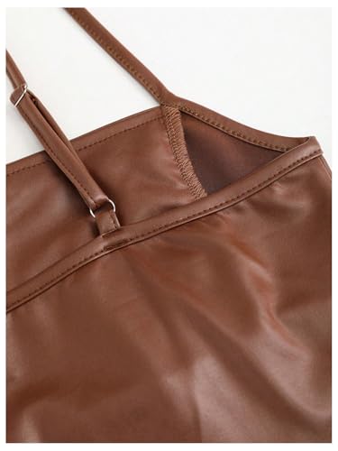 Milumia Women's Ruched Faux Leather Bustier Top Spaghetti Straps Corset Crop Tops4