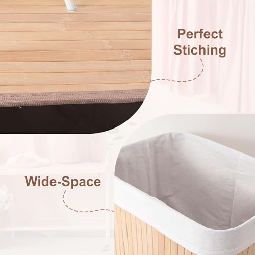 Image of Kuber Industries 72 Ltr Rectangular Bamboo Laundry Basket For Clothes With Lid | Washing Clothes Storage Bag & Laundry Box - Light Brown