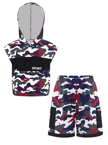 TiaoBug Kids Boys Sleeveless Camouflage Hoodie and Shorts Set for Dance Sports Gymnastics
