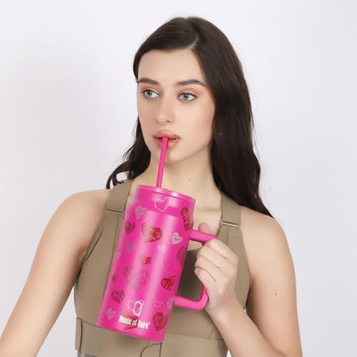Image of House of Quirk 1500ML Stainless Steel Mug Tumbler with Handle & Straw Lid - Large Water Bottle for Men & Women (Rose Heart)