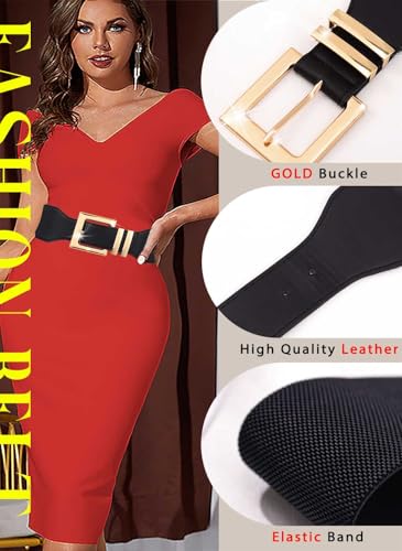 Tgirls Women's Elastic Belt Vintage Stretchy Waist Belts Gold Buckle Wide Belt Cinch Leather Waistband for Dress4