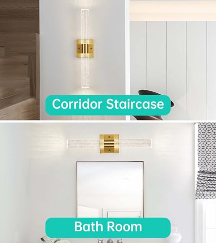 Image of Modern Crystal Wall Sconce Set of 2, Dimmable LED Bathroom Vanity Light ing Fixtures, with Remote Control, Bubble Cylindrical Wall Lights for Bathroom Bedroom Living Room Hallway,Brass
