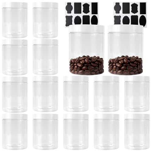PUCSIQ 16 Stück Vorratsdosen Set 500ml, Kunststoffgläser mit weißen Deckeln, Etiketten, Transparente, Luftdichte Aufbewahrungsdosen für Lebensmittel,Küche, Reisen, Bastelbedarf, wiederverwendbare