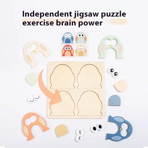 Image of Lefan Montessori Wooden 3D Cute Owl Face Changing Puzzle for Kids Emotional Expression Matching Game with 10 Double-Sided Question Cards Educational Wooden Toy for Preschool Boys Girls Ages 3-6