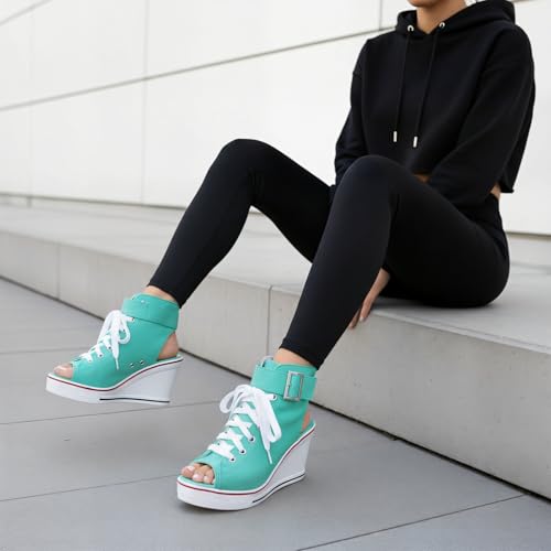 Image of OCHENTA Women's Peep Toe Wedge Sneakers Canvas Platform Shoes Side Zipper Lace up Buckle Fashion Sneakers Walking Shoes