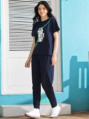 Image of ZEYO Night Suit for Women's Typography Printed Cotton Night Dress of Top and Joggers