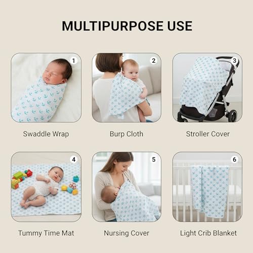 Image of Muslin Cotton Baby Swaddle | 110 x 100 cm | Ultra-Soft, Breathable & Lightweight | Multipurpose | Hypoallergenic | Unisex | Ideal Newborn Baby Gift (P1- Anchor)