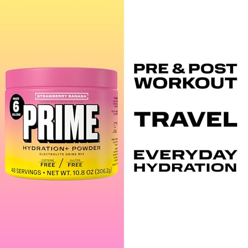 Image of PRIME HYDRATION+ Electrolyte Powder, Strawberry Banana, Sugar Free Hydration Drink Mix with Potassium, Magnesium & B Vitamins to Replenish Fluids, Caffeine Free, 6 Gallon Tub, 48 SRV