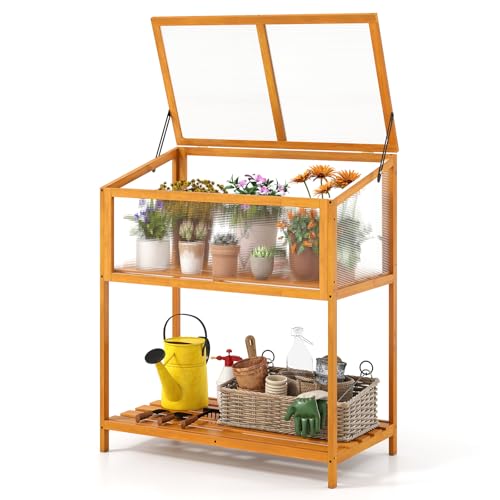COSTWAY Serre de Jardin en Bois de Sapin, Serre Surélevée Extérieur avec Toit Transparent Ouvrant Étagère de Rangement à Lattes, Gain de Place pour Jardin Véranda Balcon, Orange (90 x 50,5 x 105 cm)