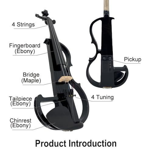 Image of Vetimobato Electric Violin 4 /4 Full Size Solid Wood Silent Violin Set for Adults Beginner Practice Electric Fiddle with Ebony Fittings Hard Case & Bow(4 String Black)