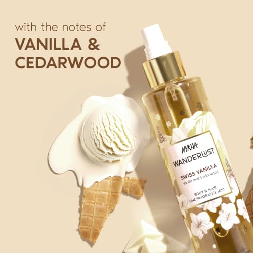 Image of Nykaa Wanderlust Swiss Vanilla Fragrance Mist, Vanilla and Cedarwood Scent, Body and Hair Spray, Hydrating and Refreshing, Vegan and Paraben Free, 200ml