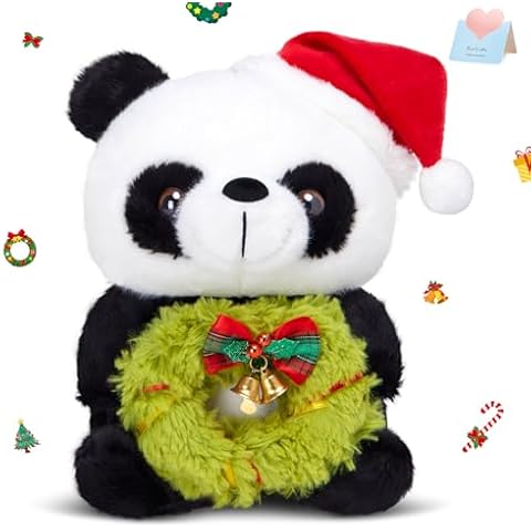 Athoinsu 8 Inch Christmas Panda Stuffed Animal with Wreath & Bell, Soft and Cuddly Plush Toy for Kids and Adults, Christmas Festive Decor and Gift Cover