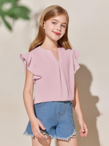 Image of Haloumoning Girls Summer T Shirts Kids Fashion V Neck Ruffle Short Sleeve Tops Blouse 5-14 Years