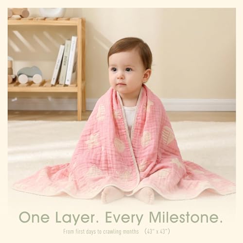 Image of 6-Layer Muslin Baby Blanket Made with Organic Cotton - Serene Ocean Life & Sea Wonders Theme,Swaddle & Crib Quilt, 43 inch x 43 inch,Pink Ocean