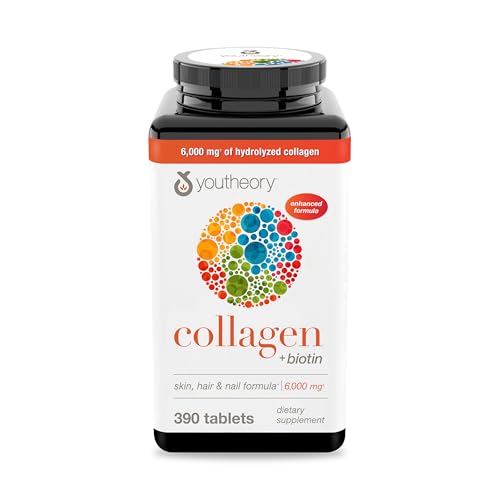 Youtheory Collagen + Biotin - Advanced Collagen Supplement - with Hydrolyzed Peptides, Vitamin C & Vitamin B - Supports Hair Growth, Nail Health & Skin - 390 Tablets