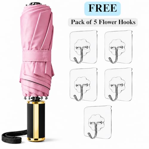 Image of TAZZY UV Protection Compact Folding Umbrella for Men & Women | Windproof, Waterproof Travel Umbrella with Storage Case | Sun & Rain Protection | Lightweight Portable Umbrella (Pink)