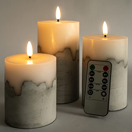 Yongmao Flameless Candle Handmade Battery Operated Flickering Led Pillar Candles Cement And Real Wax Fusion Fake Candle With Remote For Home Christmas Party Decor D 3" H 4" 5" 6" (Set Of 3) #TOP24