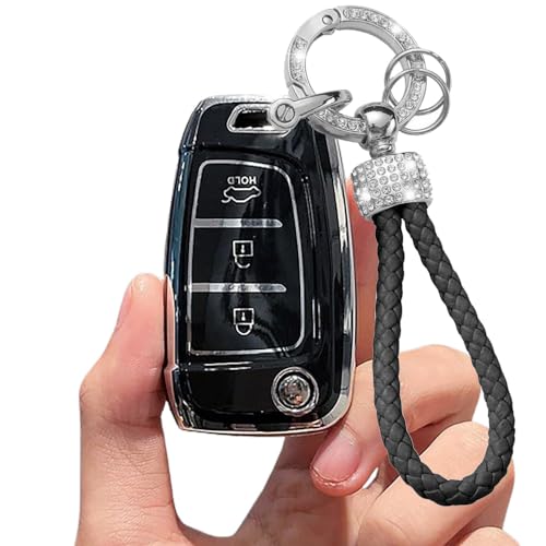 KULCSOK Key Fob Cover fit for Hyundai Venue Kona SE Santa Fe SE Tucson TPU Key Cover Case Protector Bling Keychain Car Keyring 3 Buttons B Black