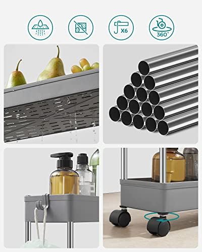 SONGMICS 4-Tier Storage Trolley on Wheels, Plastic Storage Unit, Space-Saving Shelving Organiser for Small Spaces, Bathroom Kitchen, 42 x 13.5 x 87 cm, Grey KSC008G01