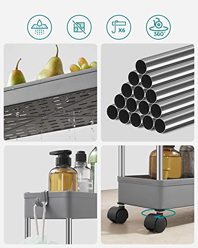 Foto von SONGMICS Rollwagen, Küchenwagen, Küchenregal, Nischenregal, mit 6 Haken, 360° drehbare Räder, Stahlgestell, Bad, Küche, Büro, 4 Ebenen, grau KSC008G01