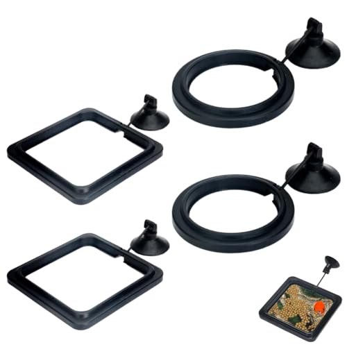 YUVKIN 4 pièces anneaux flottants pour nourriture de poissons, accessoires aquarium pour guppy, betta, poisson rouge, tortue (noir)(carré et rond)