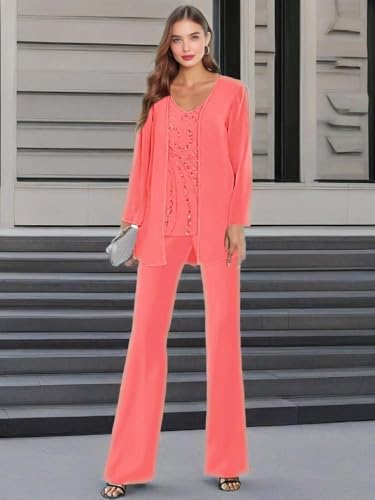 3 Pieces Mother of The Bride Pant Suits Chiffon Sequin Beaded Formal Wedding Guest Dressy Outfit with Jacket4