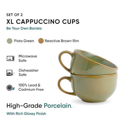 Image of Shay Large Ceramic Coffee Cup Set of 2 Pista Green, 320ml | Cappuccino Cup | Glossy Finish | Large Ceramic Coffee Cup | Premium Porcelain Coffee Cup | Microwave Safe (XL Cuppa - Pista Green)