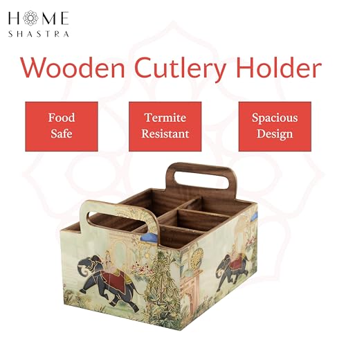 Image of Wooden Cutlery Holder with Gold Engraving | Pack of 1 | Size : 9 x 7 x 5.5 inch | Enamel Coated Waterproof | Cutlery Holder for Dining Table | (Royal Elephant)