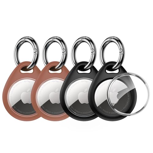 Image of UNBREAKcable Holder for Apple AirTag - 4 Pack [Fit Tightly Design] [Easy to Install] [Hold Air Tag Securely] Waterproof TPU Shell Protective Case with All Metal Keychain Key Ring Clip (Black&Brown)