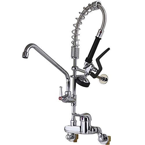 YooGyy Commercial Sink Restaurant Faucet with Pull Down Sprayer Wall Mount 4 Inch to 8 Inch Adjustable Center Size 26’’ Height Pre-Rinse Faucet with 12 Inch Add-on Swing Spout