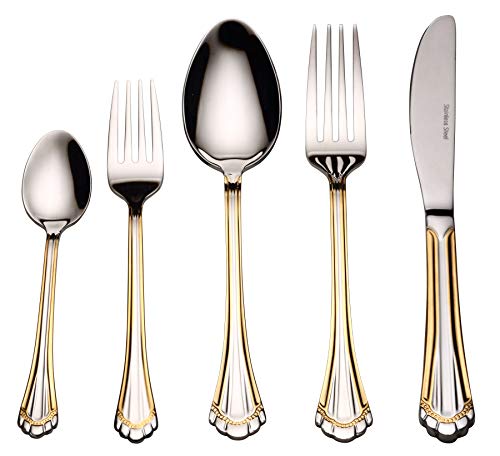 Flatware Set 20-Piece Service for 4, 18/10 Stainless Steel Silverware Cutlery, 24k Gold Plated Accent (gold sets) (Grand)
