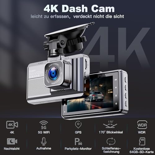 Dashcam Auto vorne und hinten Dasch cam 4K mit GPS 5Ghz WiFi Dash Cam mit 64GB SD Auto Kamera mit Parküberwachung/Super Nachtsicht/Loop-Aufnahme – Bild 3