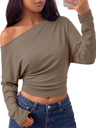 Trendy Queen Off the Shoulder Tops for Women Fall Crop Long Sleeve Shirts