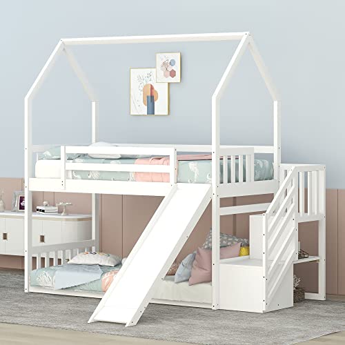 Harper & Bright Designs House Bunk Bed with Convertible Slide and Storage Staircase, Wood Twin Over Twin Bunk Bed Frame for Kids, Teens, Girls, Boys. No Box Spring Needed (White)